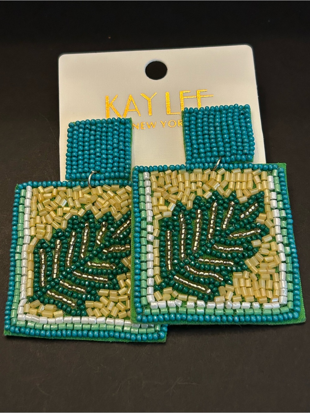 Kay Lee New York Teal Green/Yellow/White Hand Beaded Leaf Square Drop Earrings